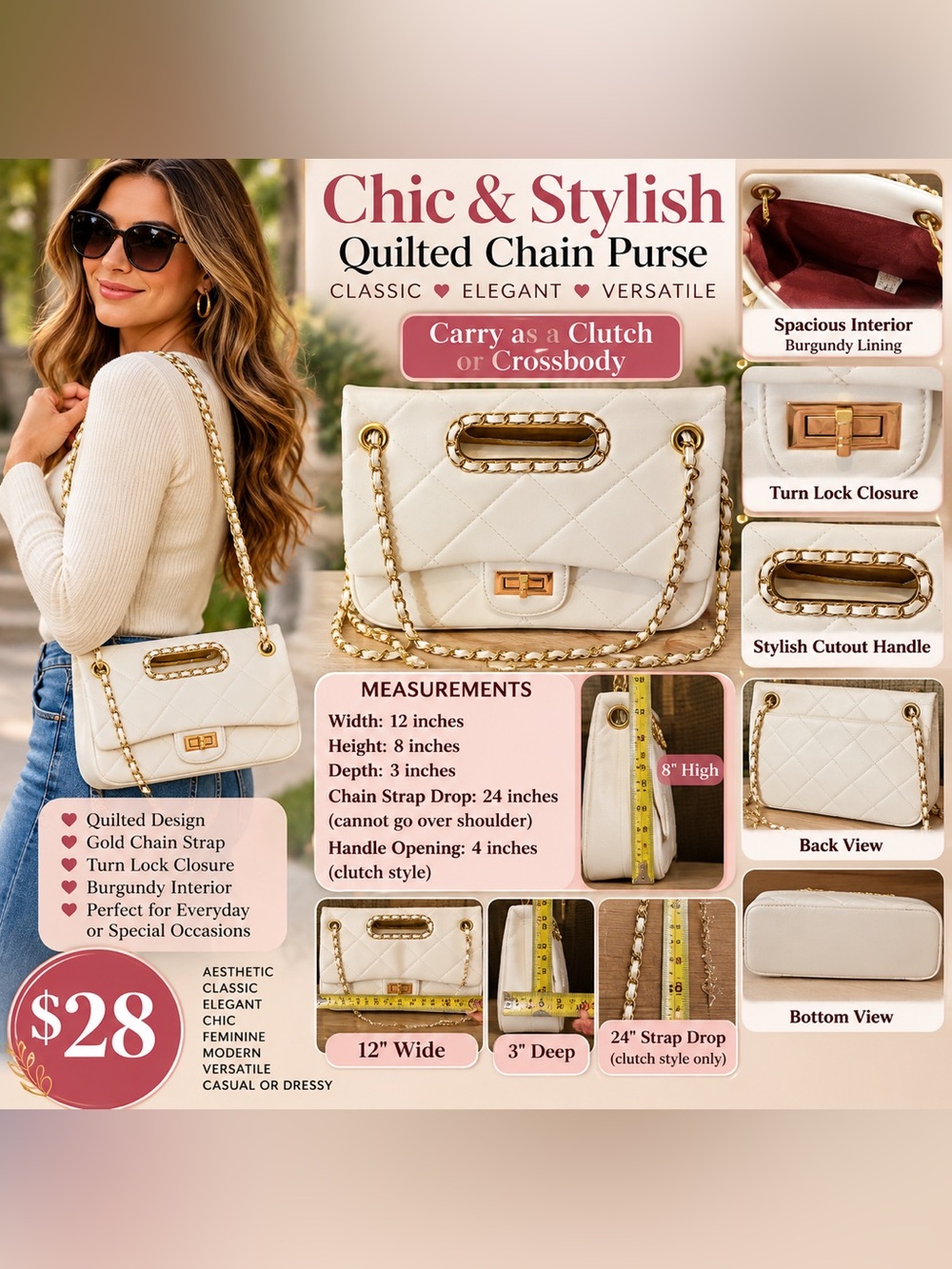 Quilted White Shoulder Bag with Gold Chain and Cutout Handle